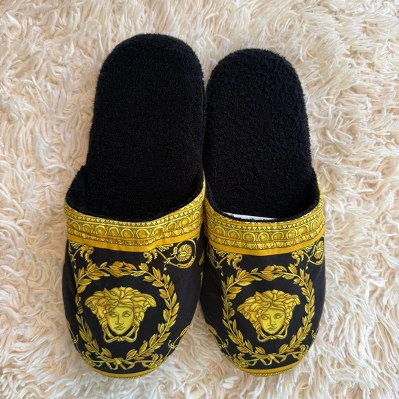Versace Medusa Slippers Black Gold Baroque Home Shoes Size M - Picture 2 of 9